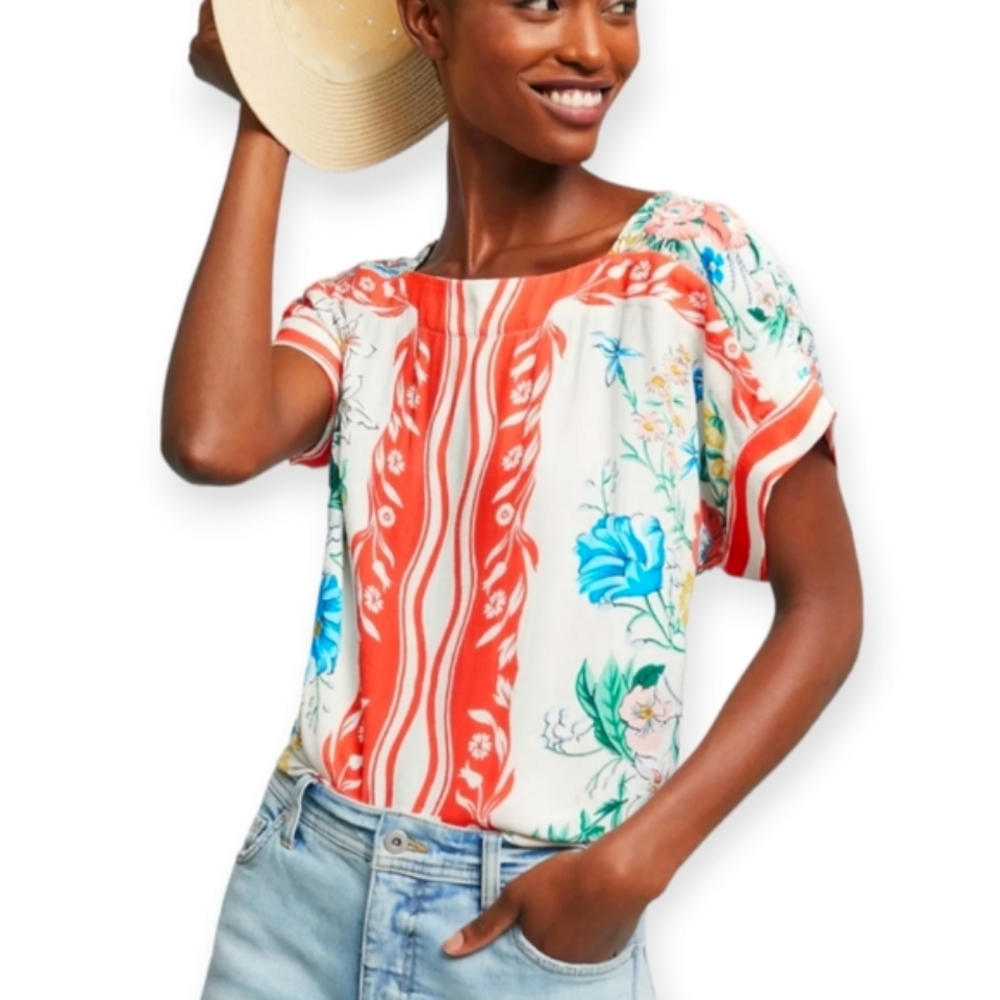 Anthropologie Maeve Romina Scarf Print Short Sleeve Blouse Size Small